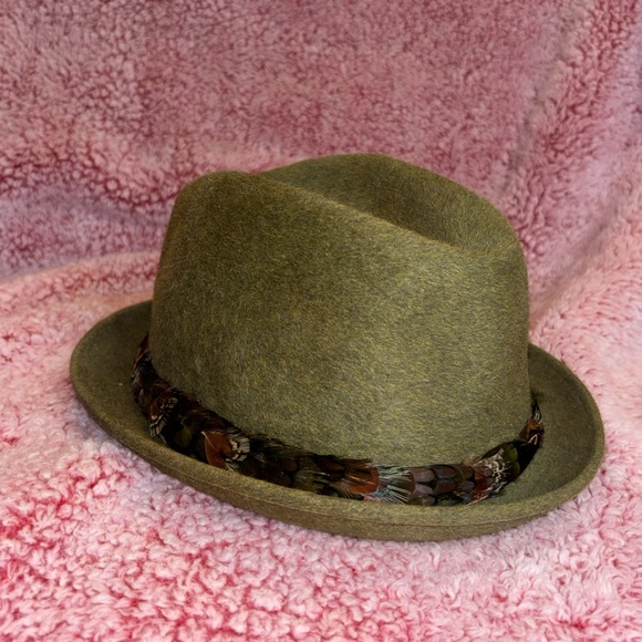 Vtg Dobbs Game Bird  Fedora Hat Feather Band Olive Green Size 7 1/4 - Picture 8 of 9